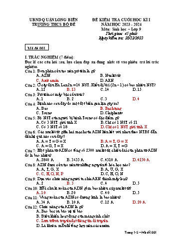 Đề kiểm tra cuối học kì I môn Sinh học Lớp 9 - Năm học 2023-2024 - Trường THCS Bồ Đề (Có đáp án)