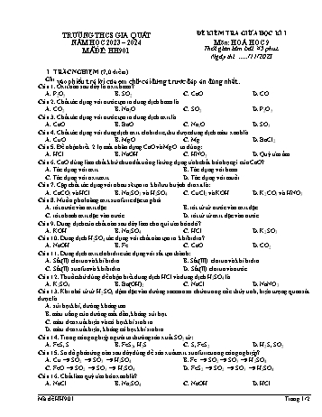 Đề kiểm tra giữa học kì I môn Hóa học Lớp 9 - Năm học 2023-2024 - Trường THCS Gia Quất