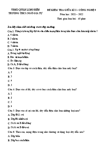 Đề kiểm tra giữa kì I môn Công nghệ Lớp 9 - Năm học 2021-2022 - Trường THCS Ngô Gia Tự (Có đáp án)