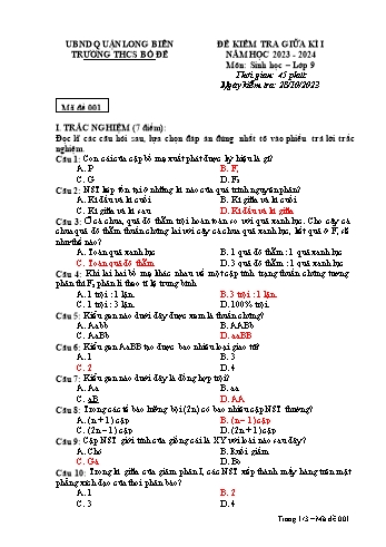 Đề kiểm tra giữa kì I môn Sinh học Lớp 9 - Năm học 2023-2024 - Trường THCS Bồ Đề (Có đáp án)