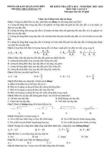 Đề kiểm tra giữa kì I môn Vật lý Lớp 9 - Năm học 2021-2022 - Trường THCS Ngô Gia Tự (Có đáp án)