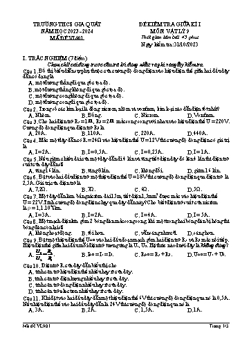 Đề kiểm tra giữa kì I môn Vật lý Lớp 9 - Năm học 2023-2024 - Trường THCS Gia Quất