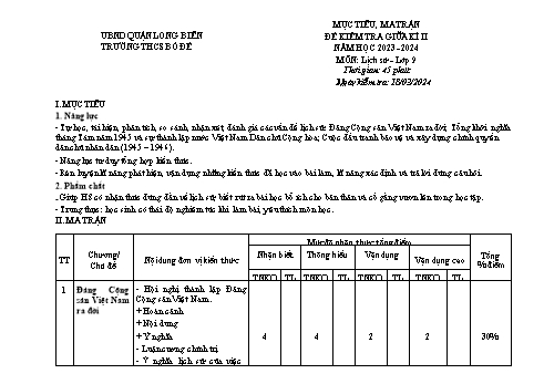 Đề kiểm tra giữa kỳ II môn Lịch sử Lớp 9 - Năm học 2023-2024 - Lê Thị Yến (Có đáp án)
