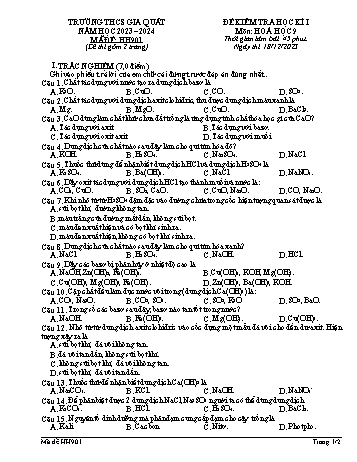 Đề kiểm tra học kì I môn Hóa học Lớp 9 - Năm học 2023-2024 - Trường THCS Gia Quất