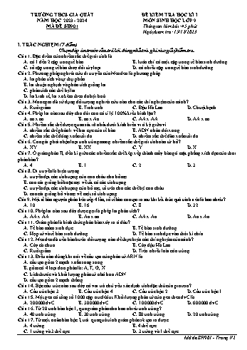 Đề kiểm tra học kì I môn Sinh học Lớp 9 - Năm học 2023-2024 - Trường THCS Gia Quất