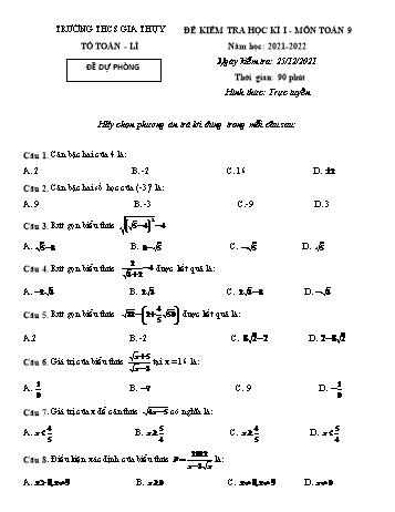 Đề kiểm tra học kì I môn Toán Lớp 9 - Năm học 2021-2022 - Trường THCS Gia Thụy (Có đáp án)