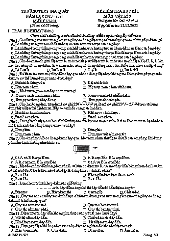 Đề kiểm tra học kì I môn Vật lý Lớp 9 - Năm học 2023-2024 - Trường THCS Gia Quất
