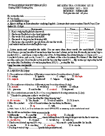 Đề kiểm tra cuối học kỳ II môn Tiếng Anh Lớp 9 - Năm học 2022-2023 - Trường THCS Trường Sơn