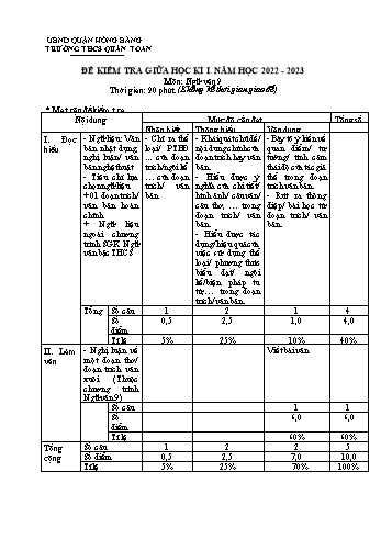 Đề kiểm tra giữa học kì I môn Ngữ văn Lớp 9 - Năm học 2022-2023 - Nguyễn Thị Hải (Có đáp án)