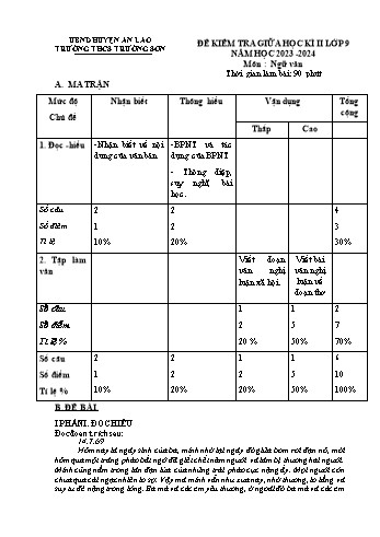 Đề kiểm tra giữa học kì II môn Ngữ văn Lớp 9 - Năm học 2023-2024 - Trường THCS Trường Sơn (Có đáp án)