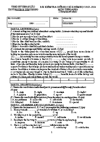 Đề kiểm tra giữa học kì II môn Tiếng Anh Lớp 9 - Năm học 2023-2024 - Trường THCS Tân Thắng