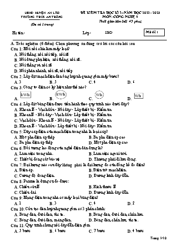 Đề kiểm tra học kì I môn Công nghệ Lớp 9 - Năm học 2022-2023 - Trường THCS Tân Thắng (Có đáp án)