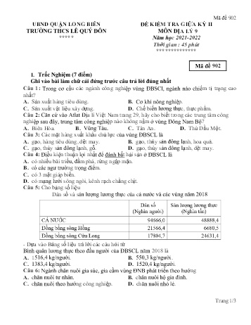 Đề kiểm tra giữa kỳ II môn Địa lý Lớp 9 - Năm học 2021-2022 - Trường THCS Lê Quý Đôn - Mã đề 902