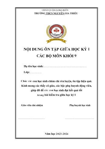 Đề cương ôn tập giữa học kỳ I các môn Lớp 9 - Năm học 2023-2024 - Trường THCS Nguyễn Gia Thiều
