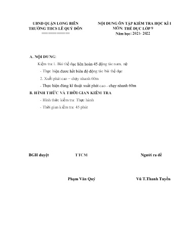 Đề cương ôn tập kiểm tra học kì I môn Thể dục Lớp 9 - Năm học 2021-2022 - Vũ Thị Thanh Tuyền