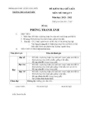 Đề kiểm tra giữa kì I môn Mĩ thuật Lớp 9 - Năm học 2021-2022 - Kiều Thanh Huyền