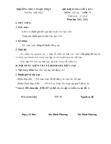 Đề kiểm tra giữa kì I môn Thể dục Lớp 9 - Năm học 2021-2022 - Hà Minh Phương (Có đáp án)