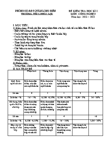 Đề kiểm tra học kì I môn Công nghệ Lớp 9 - Năm học 2021-2022 - Trường THCS Phúc Lợi (Có đáp án)
