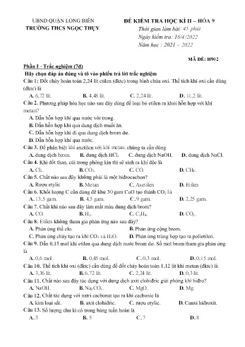Đề kiểm tra học kì II môn Hóa học Lớp 9 - Năm học 2021-2022 - Trường THCS Ngọc Thụy